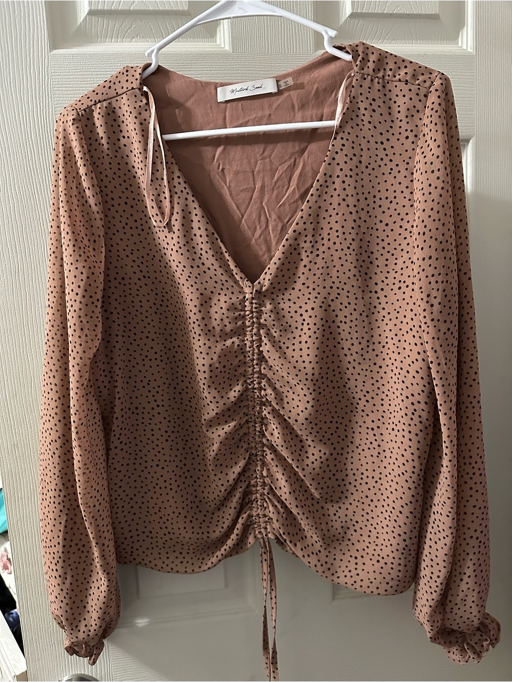 Mustard Seed Mauve Polka Dot Ruched V-Neck Blouse